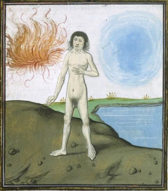 Les éléments. L'eau et le feu. Barthelemy l'Anglais, De proprietaribus rerum, Flandre, 15° s. BNF.