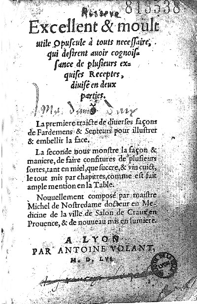 Page de titre de l'Excellent opuscule de Michel Nostradamus