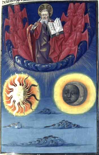 Création du soleil et de la terre. Vincentius Bellovacensis, Speculum historiale, Paris, 15° s. BNF.
