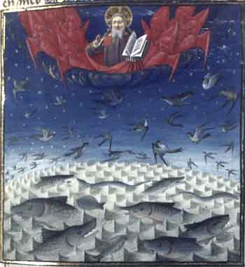 Création des océans. Vincentius Bellovacensis, Speculum historiale, Paris, 15° s. BNF.