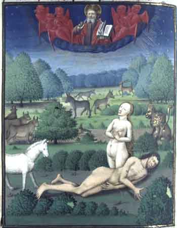 Adam et Eve. Vincentius Bellovacensis, Speculum historiale, Paris, 15° s. BNF.